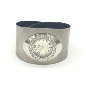 Collezio Wide Cuff Watch Silver Tone Rhinestone Bezel Oval Face‎ Japan Movt